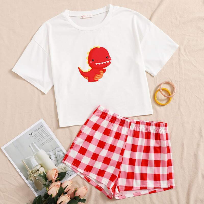 

Cartoon Dinosaur Tee & Gingham Shorts PJ Set, Red and white