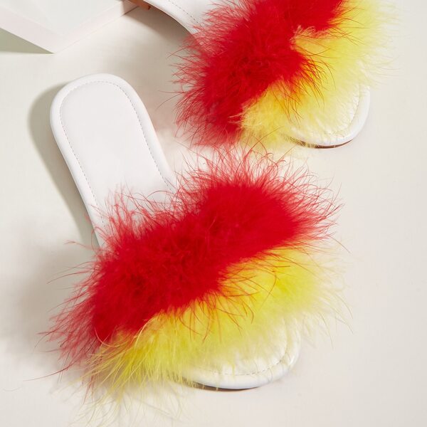 

Open Toe Faux Fur Decor Colorblock Slide Sandals, Multicolor