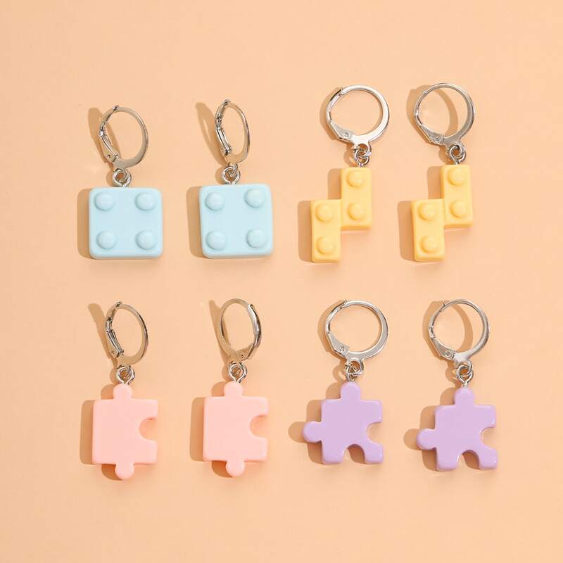 

4pairs Tetris Drop Earrings, Multicolor
