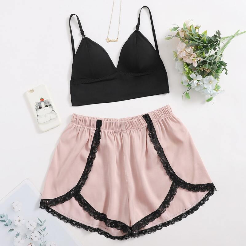 

Triangle Bralette & Lace Trim Shorts PJ Set, Multicolor