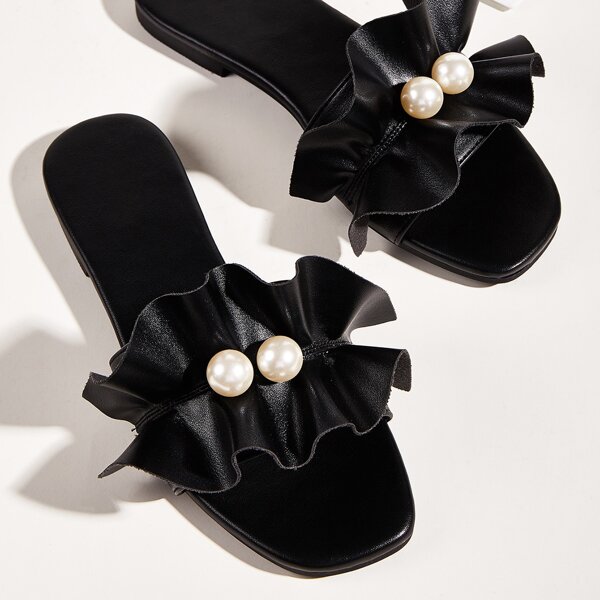 

Faux Pearl & Ruffle Decor Slide Sandals, Black