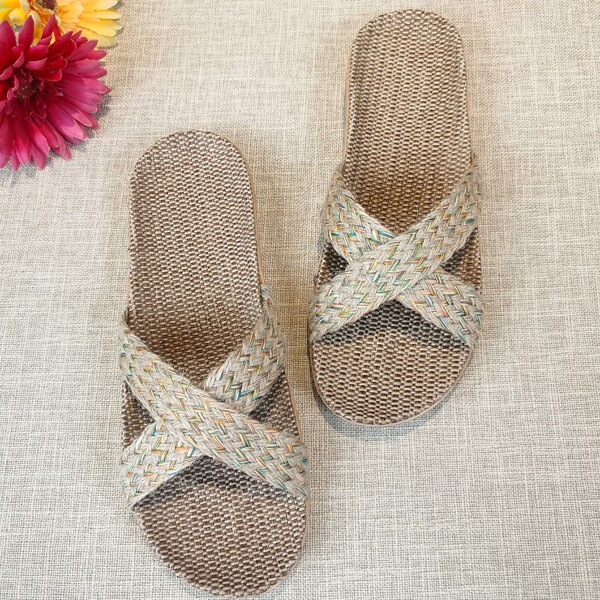 

Braided Cross Strap Slippers, Beige
