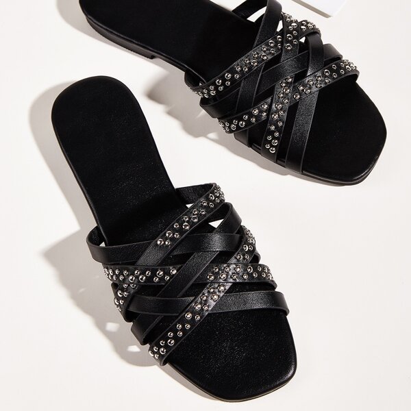 

Studded Decor Strappy Slide Sandals, Black