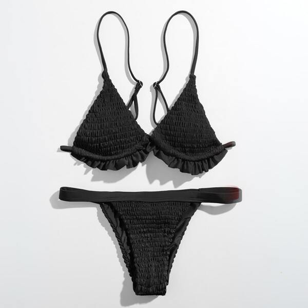 

Smocked Frill Triangle Thong Bikini Swimsuit, Black