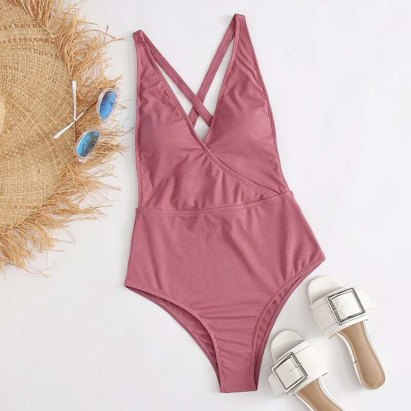 

Rib Criss Cross Back One Piece Swimsuit, Pink