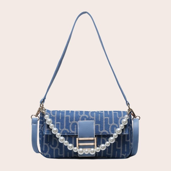 

Faux Pearl Decor Letter Graphic Baguette Bag, Baby blue