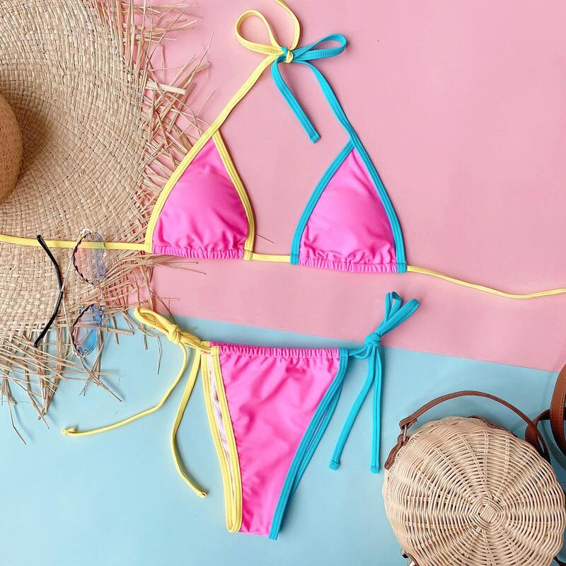 

Contrast Binding Triangle Halter Tie Side Bikini Swimsuit, Pink