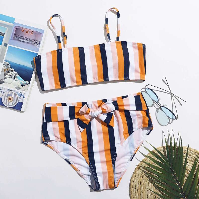 

Stripe Knot Decor High Waist Bikini Swimsuit, Multicolor