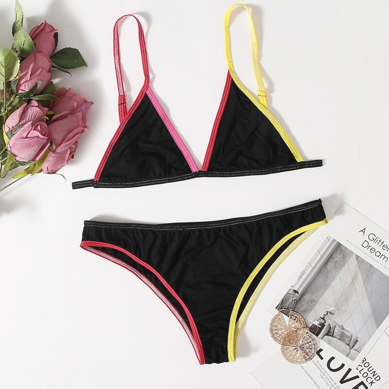 

Contrast Binding Triangle Lingerie Set, Black