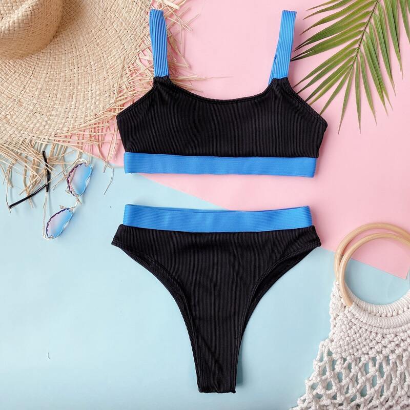 

Rib Color Block Bikini Swimsuit, Black
