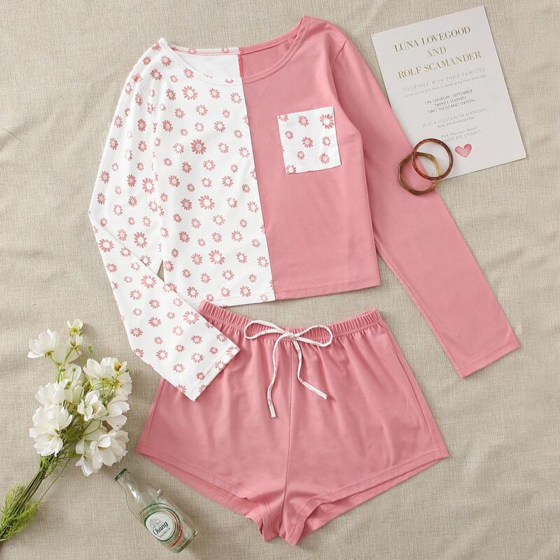 Floral Print Splice PJ Set, Red and white