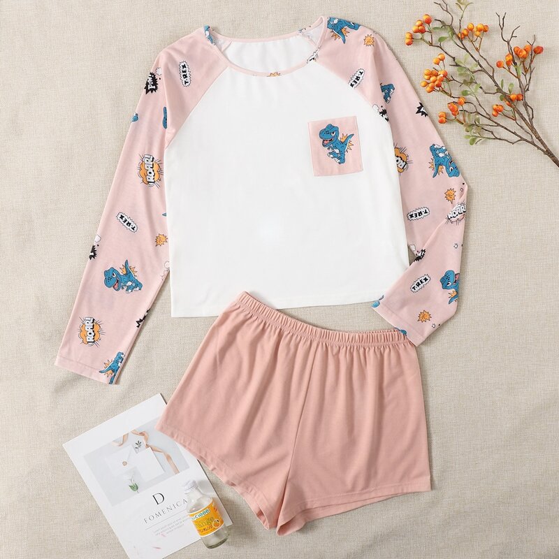 

Dinosaur Sleeve Raglan Tee PJ Set, Multicolor