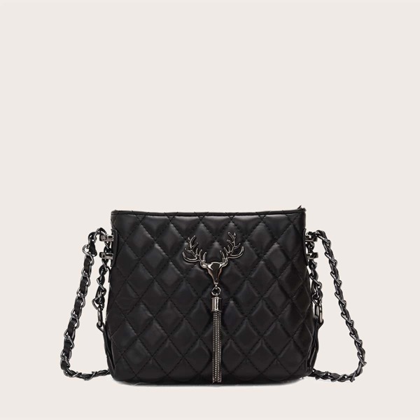 

Tassel Decor Quilted Crossbody Bag, Black