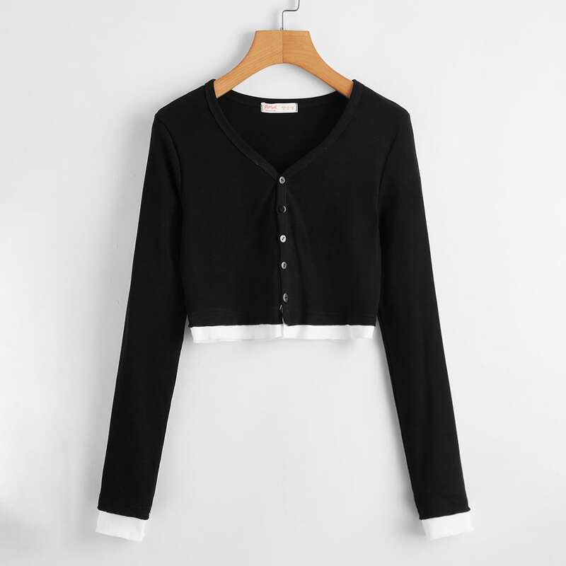 

Contrast Binding Button Front Tee, Black