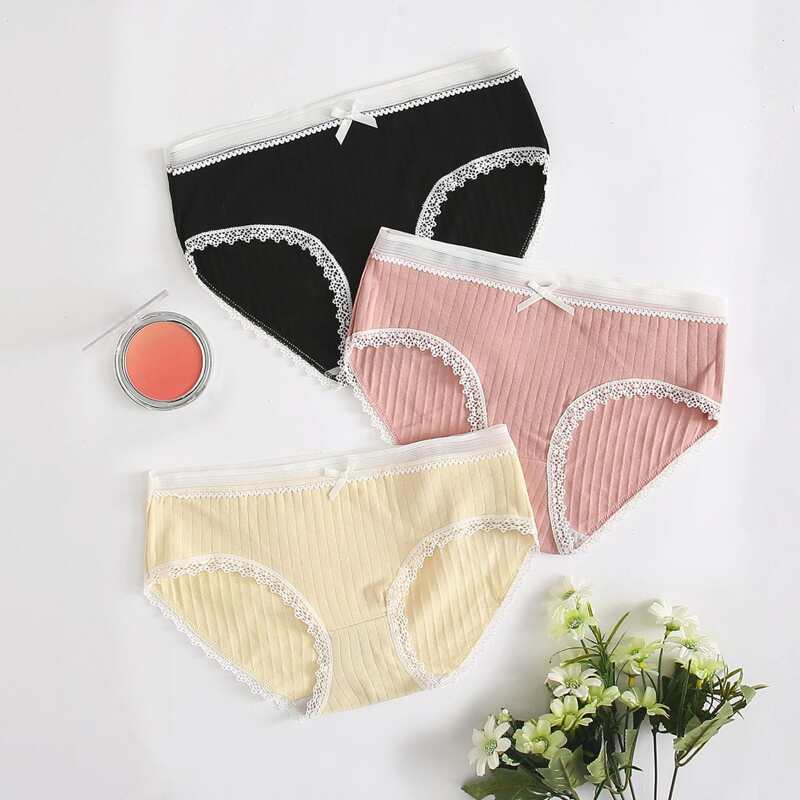 

3pack Ribbed Lace Trim Panty Set, Multicolor
