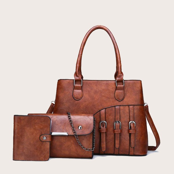 

3pcs Buckle Decor Satchel Bag Set, Brown
