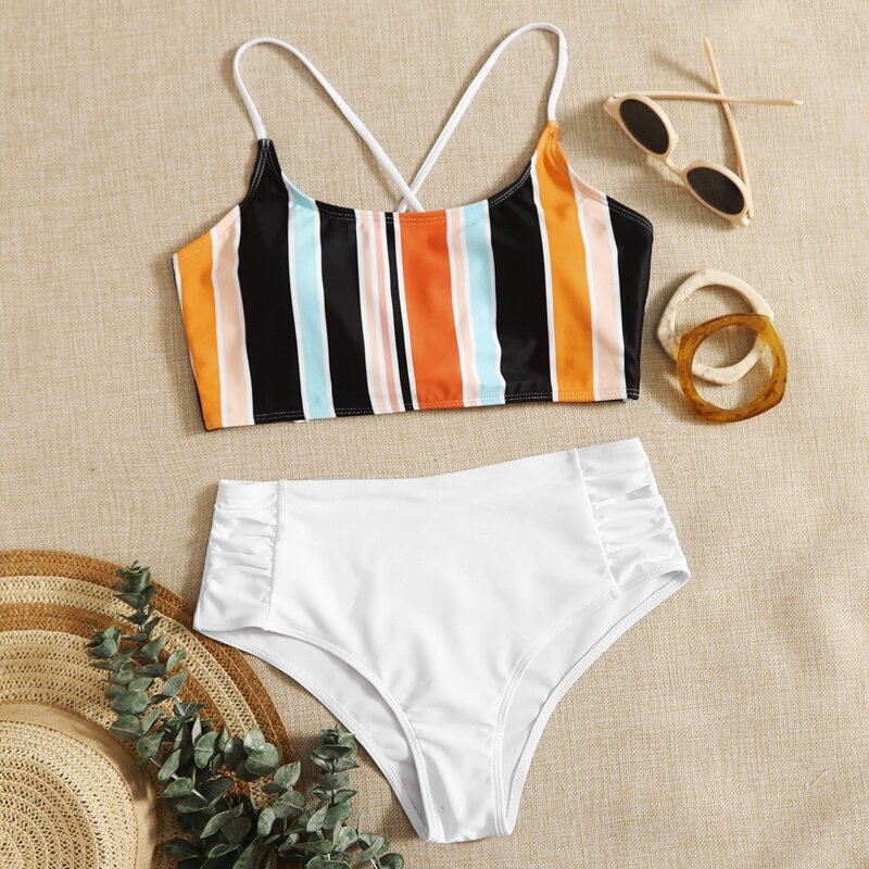 

Stripe Lace-up High Waist Bikini Swimsuit, Multicolor