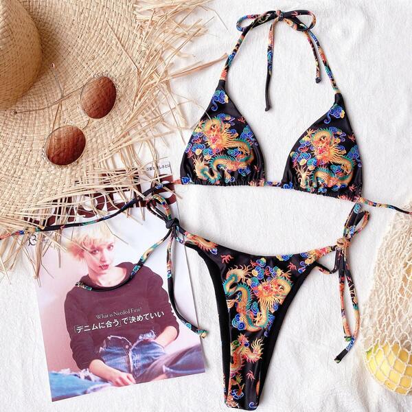 

Chinese Dragon Print Triangle Tie Side Bikini Swimsuit, Multicolor
