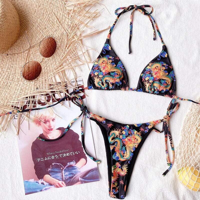 

Chinese Dragon Print Triangle Tie Side Bikini Swimsuit, Multicolor