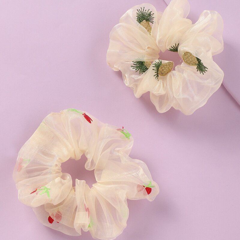 

2pcs Fruit Embroidery Mesh Scrunchie, Beige