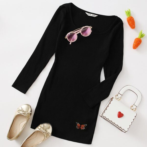 

Girls Embroidery Butterfly Rib-knit Dress, Black