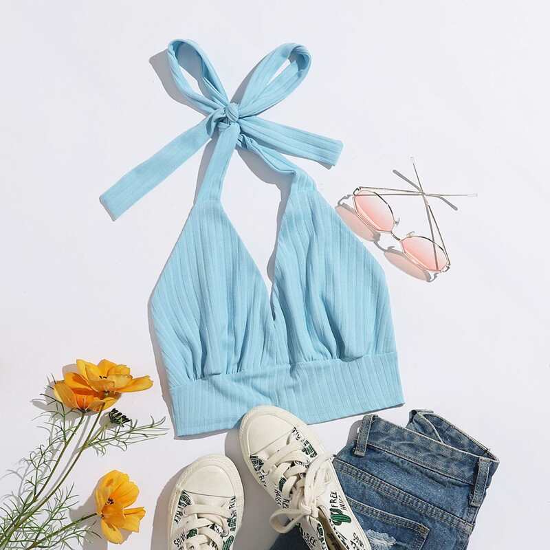 

Solid Crop Halter Top, Mint blue