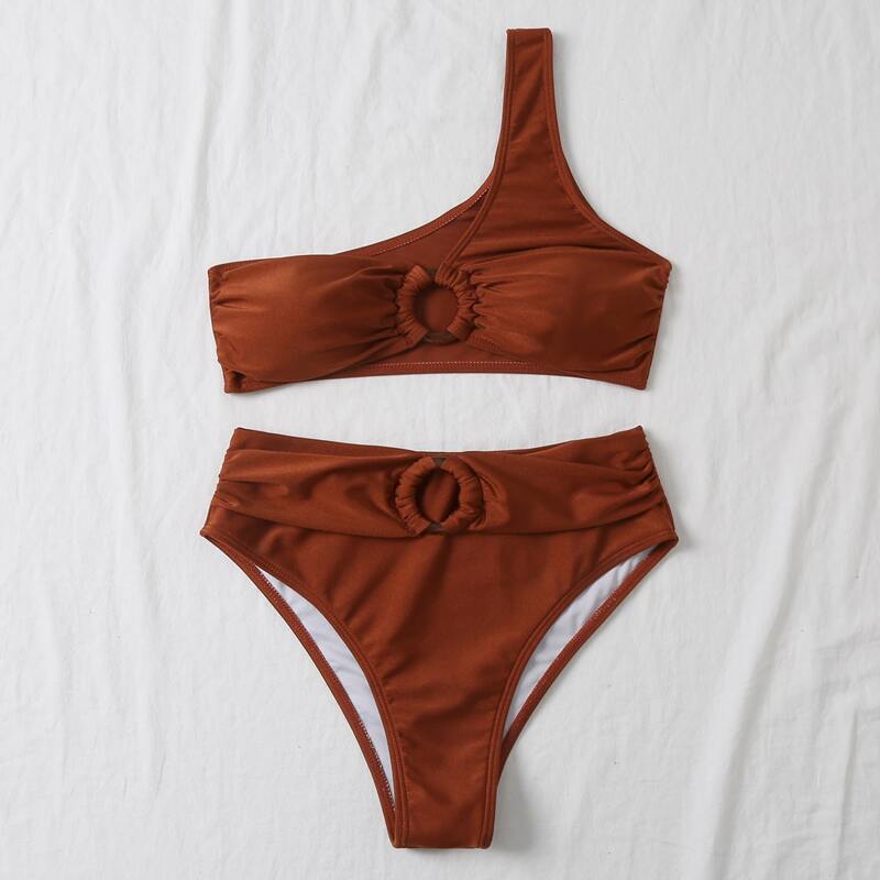 

Ring Linked One Shoulder Bikini Swimsuit, Rust brown
