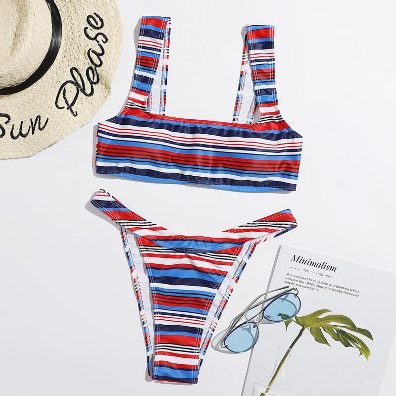 

Stripe High Leg Bikini Swimsuit, Multicolor