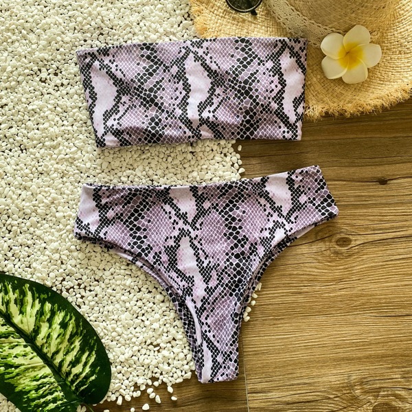 

Snakeskin Bandeau High Waisted Bikini Swimsuit, Dusty purple