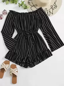 SHEIN VCAY Striped Print Frill Trim Tie Front Bardot Romper - Black - View 1