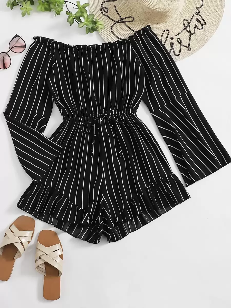 SHEIN VCAY Striped Print Frill Trim Tie Front Bardot Romper - Black - View 1