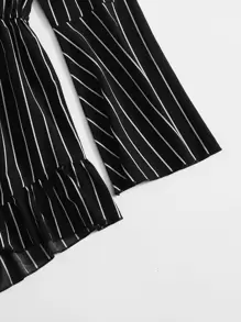 SHEIN VCAY Striped Print Frill Trim Tie Front Bardot Romper - Black - View 3