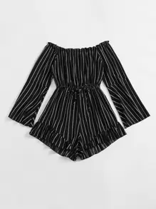 SHEIN VCAY Striped Print Frill Trim Tie Front Bardot Romper - Black - View 4