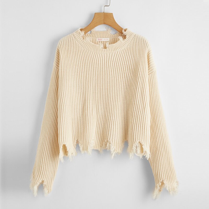

Solid Raw Hem Sweater, Beige
