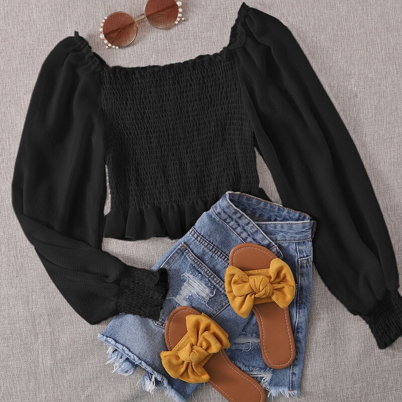 

Solid Shirred Crop Top, Black