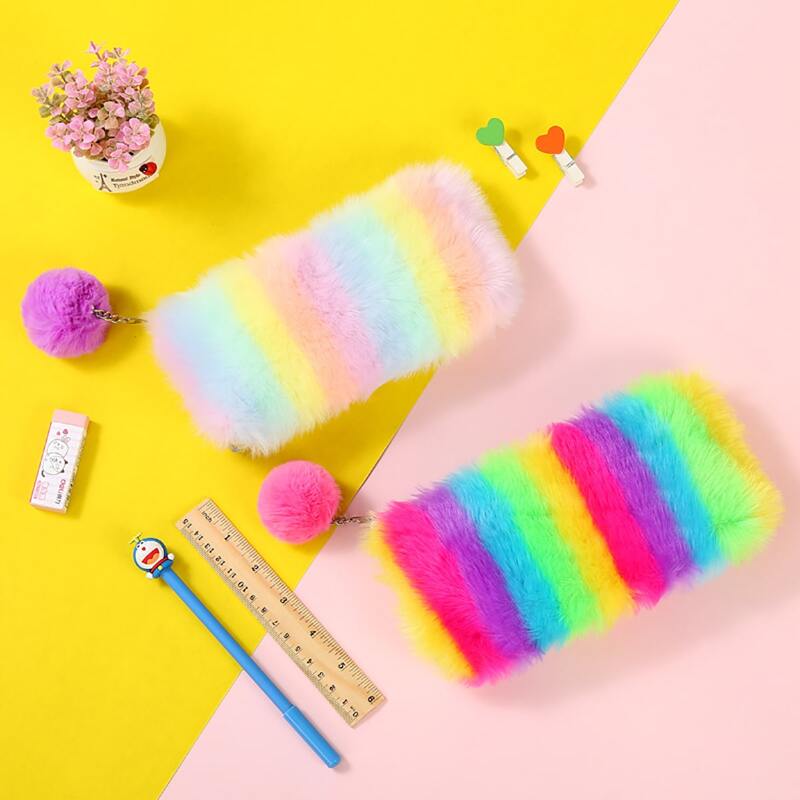 

1pc Rainbow Stripe Plush Random Pencil Bag, Multicolor