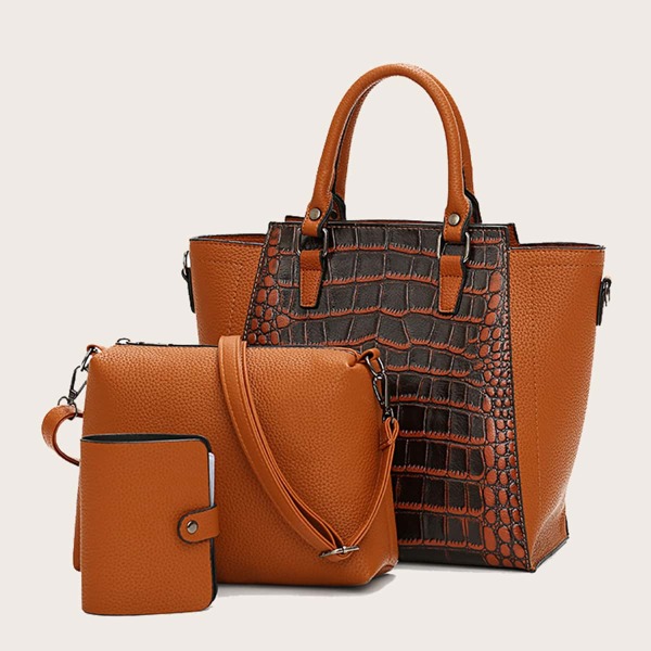 

3pcs Croc Embossed Satchel Bag Set, Brown