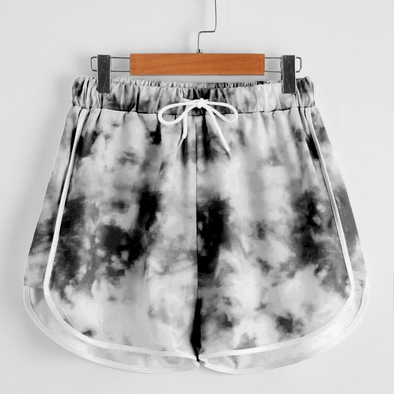 

Tie Dye Drawstring Dolphin Shorts, Black and white