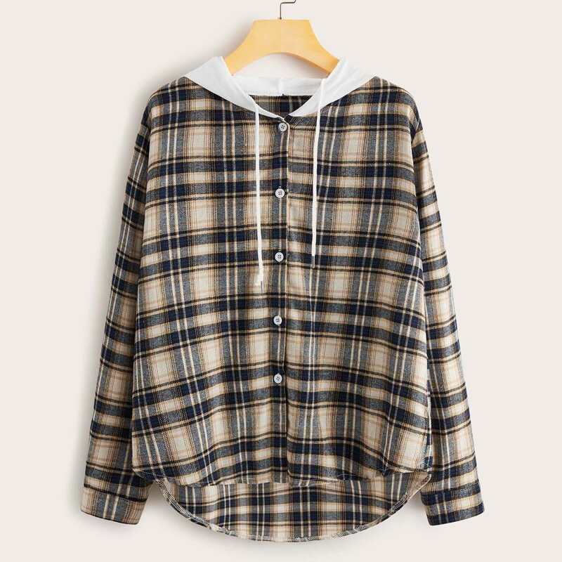 

Curved Hem Plaid Hooded Shirt, Multicolor