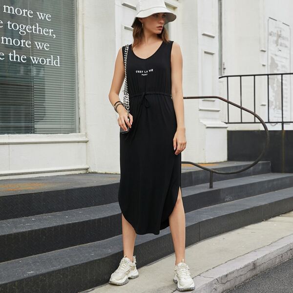 

Letter Graphic Knot Curved Hem Dress, Black