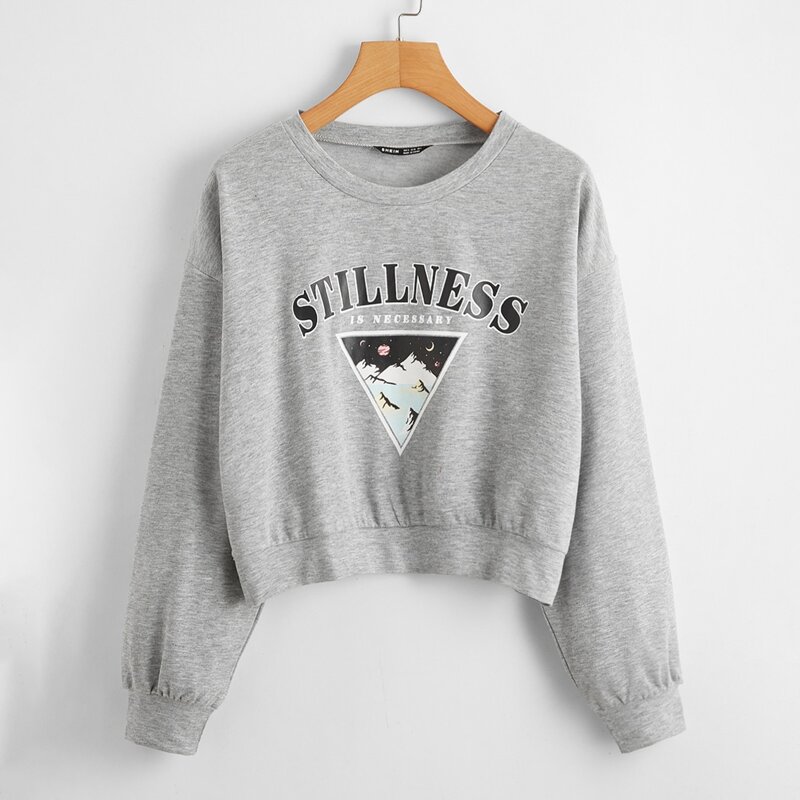 

Drop Shoulder Slogan Graphic Pullover, Grey