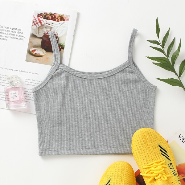 

Solid Rib-knit Crop Cami Top, Grey