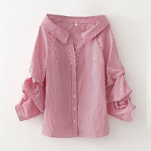

Off Shoulder Ruched Sleeve Striped Blouse, Red and white