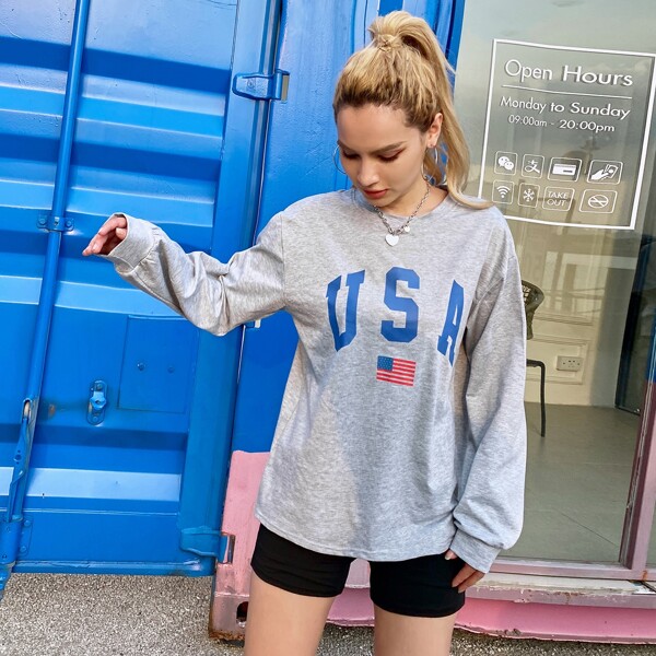 

Letter & American Flag Print Sweatshirt, Light grey