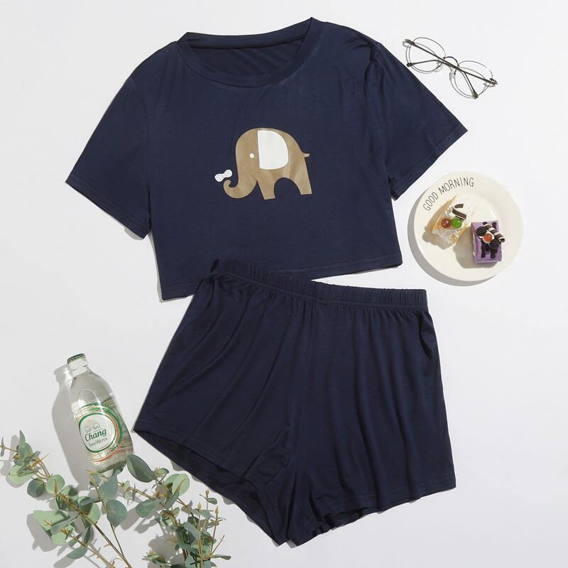

Cartoon Graphic Tee & Shorts PJ Set, Navy blue