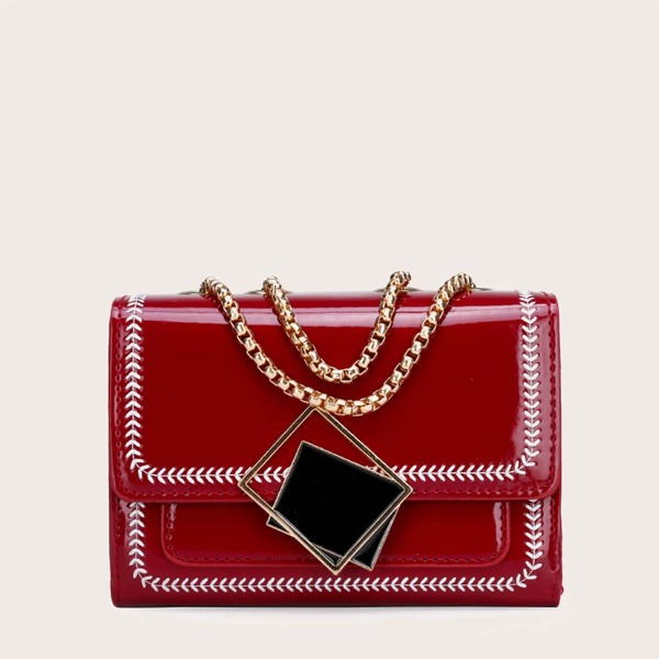 

Metal Decor Stitch Detail Crossbody Bag, Red