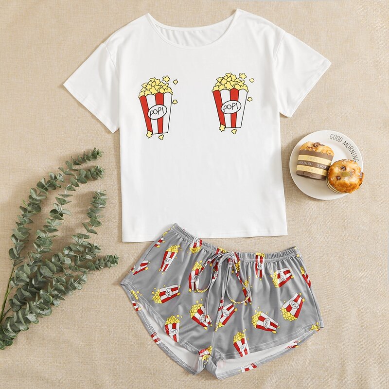 

Popcorn & Letter Graphic Knot Waist PJ Set, Multicolor