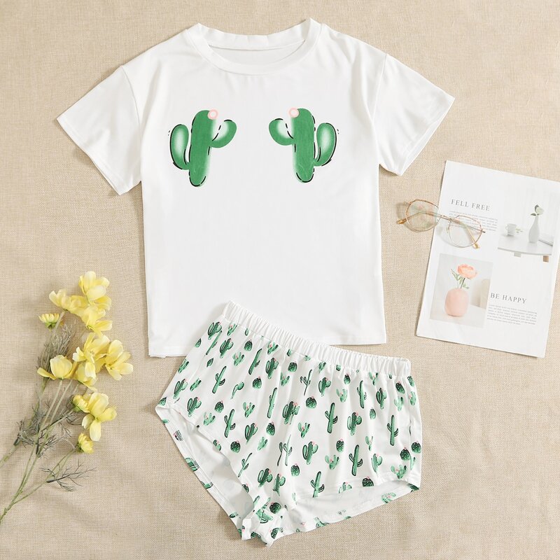 

Cactus Print Tee & Shorts PJ Set, White