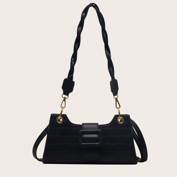 

Buckle Strap Decor Baguette Bag, Black