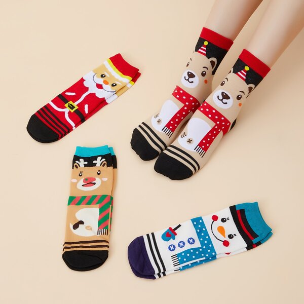 

4pairs Christmas Santa Claus Pattern Socks, Multicolor